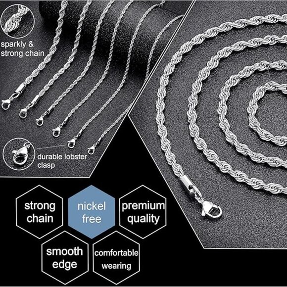 18k Real Gold Plated Rope Chain 3mm Stainless Steel Twist Chain Necklace for Men - Picture 3 of 4